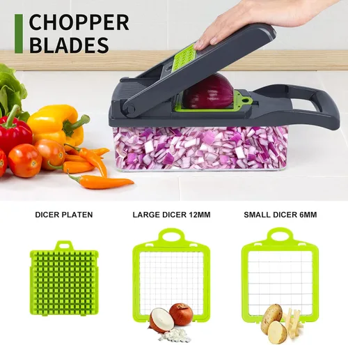 Miniatura 8 de Cortador de verduras con mandolina, picador de verduras, multifuncional 10 en 1, cortador de verduras de cocina, picador de cebolla, queso, cesta