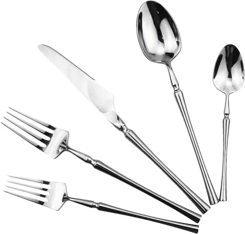 Miniatura 8 de Juego de cubiertos negros de 5 piezas de acero inoxidable 18/10 para 1, acabado espejo, ideal para bodas, festivales, fiestas, cocina en casa, apto