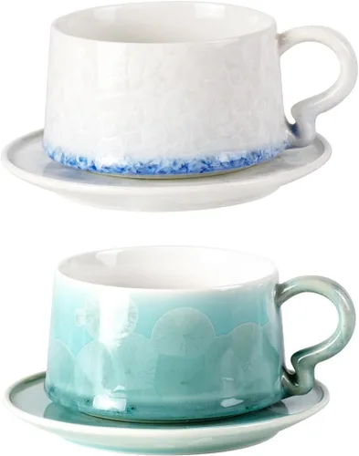 Miniatura 9 de Juego de 2 tazas de té y platillos KAMMAK, tazas de café de porcelana, 7.5oz tazas de expreso con esmalte cristalino, tazas de cerámica demitaza