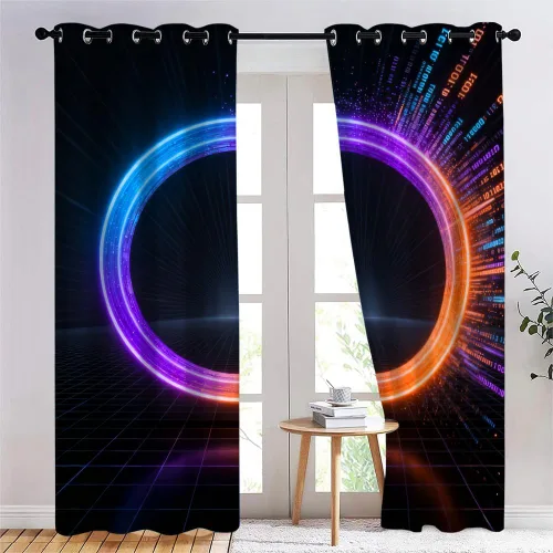 Miniatura 3 de Cyber Ring Curtains, Thermal Insulated Darkening Drapes For Sci-Fi Home Decor, Futuristic Neon Circle Digital Grid Scene Grommet Window Treatments