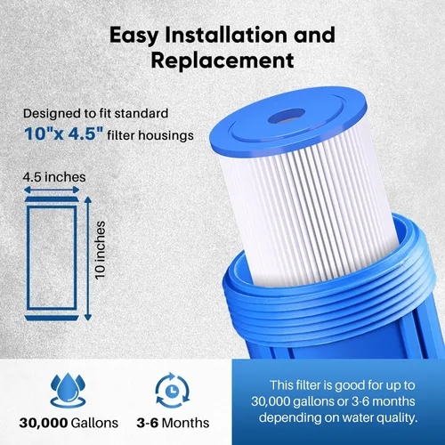 Miniatura 8 de PUREPLUS 1 Micron 10" x 4.5" Whole House Pleated Sediment Filter for Well Water, Replacement Cartridge for GE FXHSC, Culligan R50-BBSA, Pentek