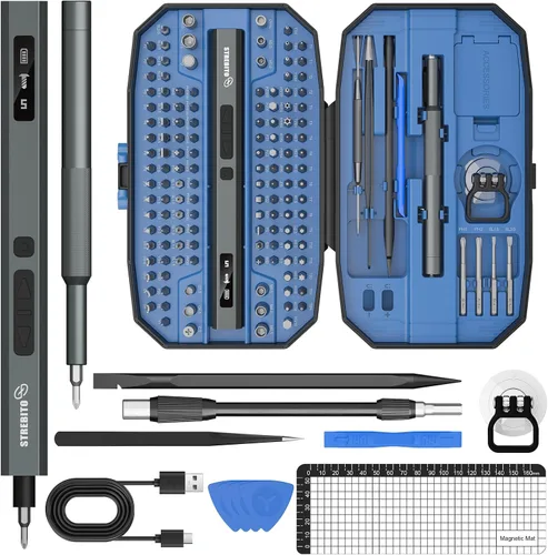 Miniatura 14 de STREBITO Juego de destornilladores eléctricos 155 en 1, destornillador eléctrico pequeño inalámbrico con 140 puntas magnéticas S2, kit de Gris
