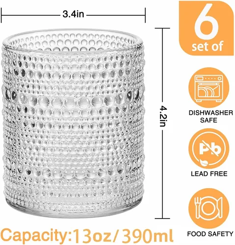 Miniatura 2 de cosnou Juego de cristalería de 6, 13 onzas/390ml Cristalería de cocina Hobnail, vidrio vintage en relieve para agua, cóctel, soda, bebidas, jugo