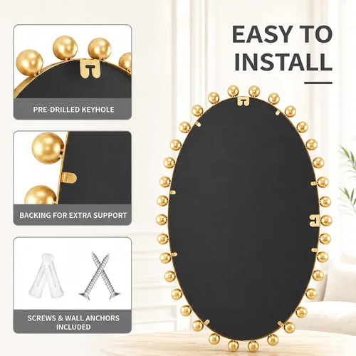 Miniatura 5 de Espejo ovalado de pared de 24 x 36 pulgadas con vidrio biselado, marco de bola de cuentas de oro antiguo, espejo de pared colgante vertical
