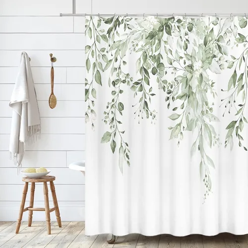 Miniatura 2 de Tititex - Juego de cortinas de ducha de eucalipto verde lima claro, hojas de acuarela en la parte superior, decoración floral de baño, 72 x 72 Hojas