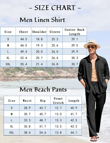Miniatura 5 de COOFANDY Conjunto de 2 piezas de lino para hombre, camisa de manga larga con botones y pantalones sueltos, conjuntos de vacaciones en la playa