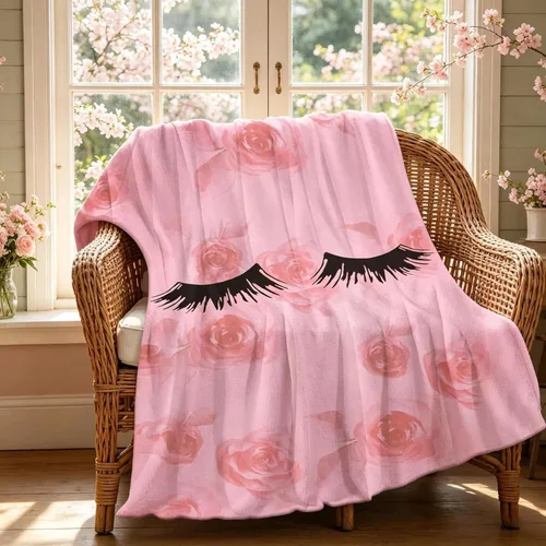 Manta de pestañas florales rosas (50 x 60 pulgadas), manta de franela con patrón de rosas coquetas, decoración de habitación Shabby Chic Preppy para
