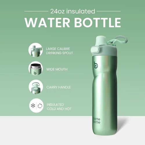 Miniatura 3 de BOTTLE BOTTLE Botella de agua aislada de 24 onzas con asa y tapas abatibles, botella de agua de acero inoxidable con botón de presión, tapa a prueba