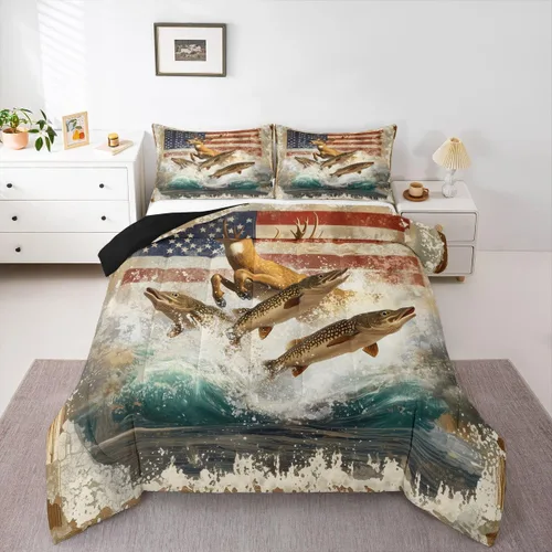 Miniatura 13 de Erosebridal Juego de edredón de pesca tamaño individual para hombres, juego de ropa de cama de peces de lubina para pescadores, niños de caza