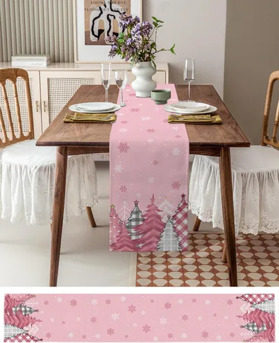 Miniatura 3 de Blush Pink Cotton Linen Small Table Runner 13 x 36 inch Non-Slip Rectangular Dining Table Decor for Wedding Party Holiday Dinner Christmas Pine Tree