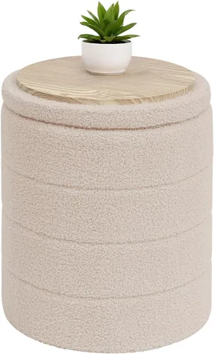 B FSOBEIIALEO Otomana con Almacenamiento, Taburete Otomano de Almacenamiento Redondo Sherpa, Reposapiés Boucle 14.6"x14.6"x17.7" (Beige)