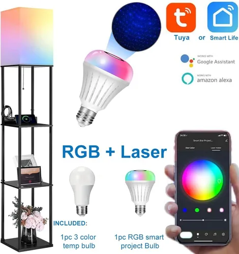 Miniatura 3 de Lámpara de pie LED con estantes y salidas AC/USB, bombilla inteligente Galaxy Star, proyector que cambia de color y luces controladas por