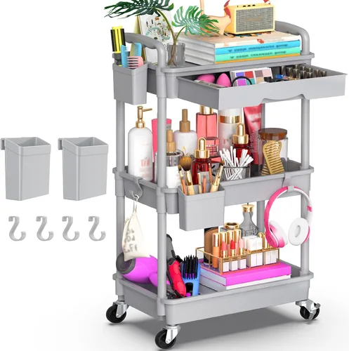 Miniatura 14 de Goovilla Organizador de carrito utilitario de 3 niveles con cajón extraíble, carritos de almacenamiento rodantes negros estables y resistentes con 2