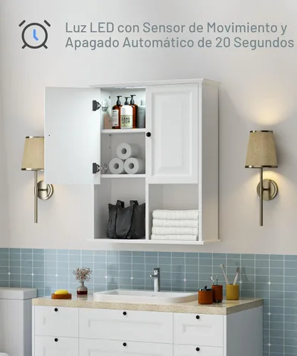 Miniatura 4 de HAIOOU Armario de pared de baño con luz LED con sensor de movimiento, armario de madera para medicamentos, armario de almacenamiento sobre inodoro