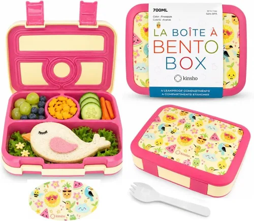 Miniatura 6 de kinsho Lonchera Bento para niños pequeños, 4 secciones seguras, charola extraíble sin BPA, contenedor de refrigerios y almuerzos para niños de Robot