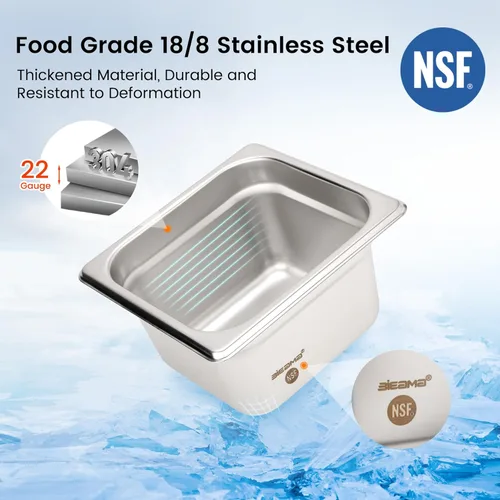 Miniatura 3 de BIEAMA Paquete de 6 bandejas de hotel, 1/6 tamaño 4" de profundidad, NSF, bandeja comercial de acero inoxidable, bandeja de mesa de vapor, bandeja