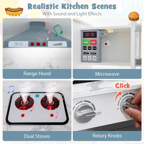 Miniatura 2 de Costzon Juego de cocina para niños, 2 piezas de juguete de cocina con luz, sonido, lavabo, microondas, pizarra, máquina de hielo, campana Blanco