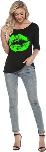 Miniatura 6 de MAGICMK Camiseta casual de talla grande con estampado de labios y hombros descubiertos para mujer