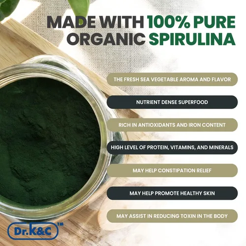 Miniatura 6 de Dr.K&C Suplemento orgánico de superalimento de espirulina – Microalgas verdes azules naturales puras 600 mg 120 cápsulas vegetales Salud Sistema
