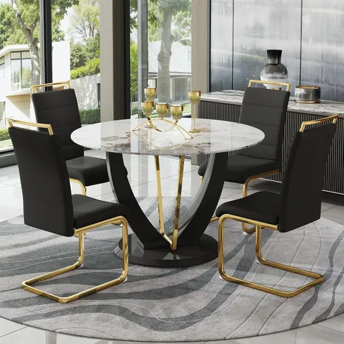 Miniatura 58 de JUFU Juego de mesa de comedor redonda para 4, mesa de comedor de 48 pulgadas con mesa de mármol sintético y 4 sillas tapizadas, moderno juego