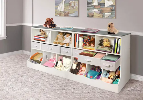 Miniatura 6 de Badger Basket Combo Bin Unidad de almacenamiento de juguetes y estante para libros para niños con 3 cestas - Blanco/Gris Blanco/Gris Woodgrain