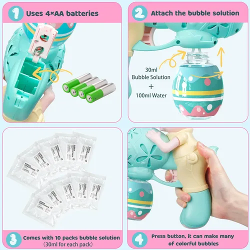 Miniatura 5 de Pistola de burbujas para niños, paquete de 2 pistolas de burbujas para niños pequeños, máquina de burbujas de conejo, juguete eléctrico de burbujas