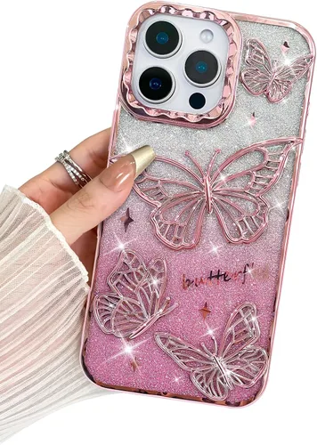 Miniatura 22 de BITOBE Diseñada para iPhone 15 Pro Max, bonita funda de mariposa 3D chapada en purpurina delgada para mujeres y niñas, protección de cámara, Negro