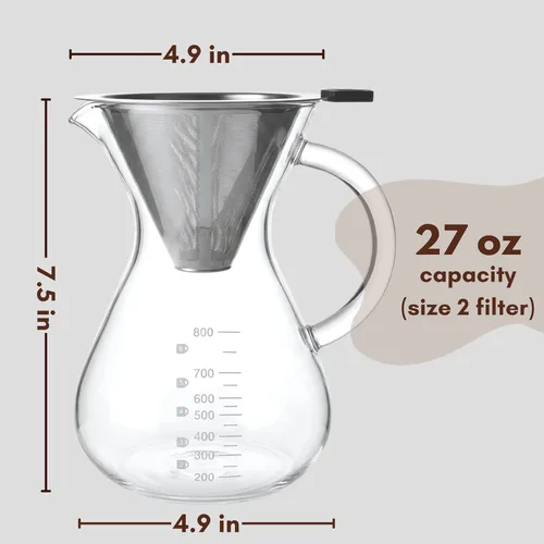 Miniatura 2 de Cafetera vertida, jarra de vidrio de borosilicato de 27 onzas (27.1 fl oz), filtro de acero inoxidable reutilizable, gotero sin papel