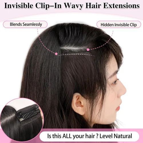 Miniatura 7 de ALXNAN Extensiones de cabello sintético largo y ondulado con clip, de 16 pulgadas, color negro natural, 4 piezas gruesas, fibra de doble trama