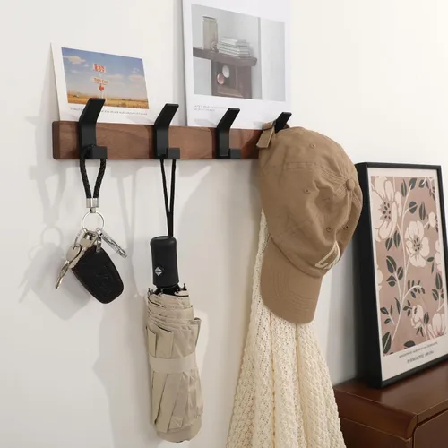 Miniatura 4 de Perchero de Pared - 15.7 Pulgadas Perchero de Ganchos de Madera de Nogal Montaje en Pared con 4 Ganchos de Aluminio Negro Ganchos de Abrigo
