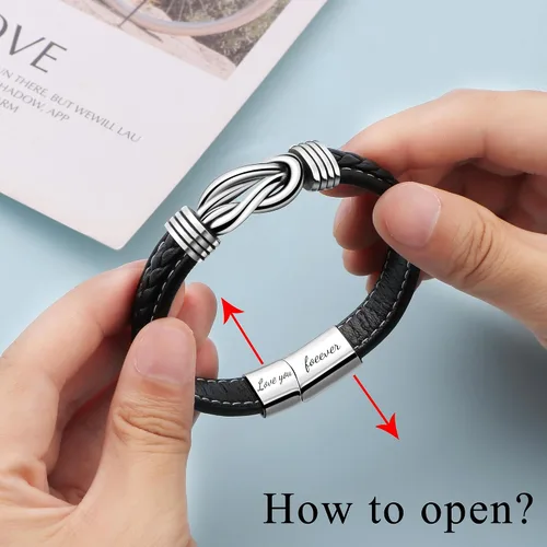 Miniatura 5 de Pulsera de nudo de hombre para regalo, cuero trenzado color marrón, del infinito, de acero inoxidable, con la frase Love You Forever, para hijos