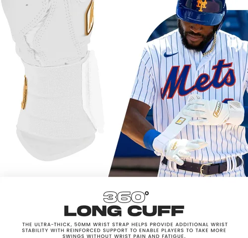 Miniatura 5 de Franklin Sports MLB - Guantes de bateo Infinite Powerstrap para béisbol + sóftbol de puño largo, para adultos y jóvenes Blanco/Dorado