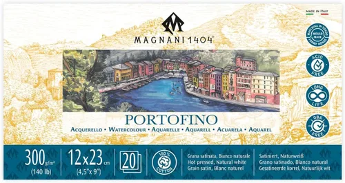 Magnani 1404 Portofino Hot Press - Bloc de papel de acuarela 100% algodón, 20 hojas, 4.5 x 9 pulgadas, 140 libras, sin ácidos, resistente a los