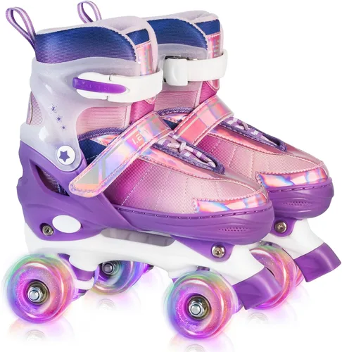 Rainbow Roller Skates for Girls Kids, Gradient Pink Purple 4 Size Adjustable Quad Skates Size XS S, M, L Ages 3-12 with All Light Up Wheels for Kids