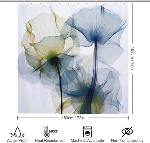 Miniatura 6 de YLATY2772 - Cortina de ducha de flores abstractas para baño, juego de cortina de ducha bohemia floral azul y verde, tela transparente, moderna