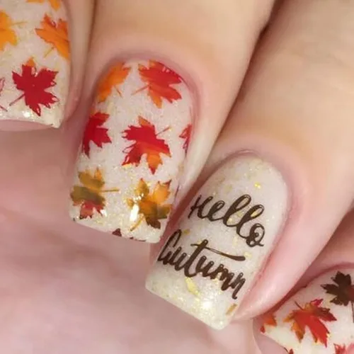 Miniatura 22 de Uñas postizas a presión de otoño, uñas postizas cortas cuadradas de MABKJLF con diseños de hojas de arce, pegamento brillante en uñas, uñas
