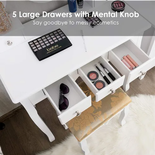 Miniatura 5 de CHARMAID Set de tocador con espejo ovalado giratorio, mesa de maquillaje para dormitorio con 5 cajones para mujeres y niñas, tocador con taburete
