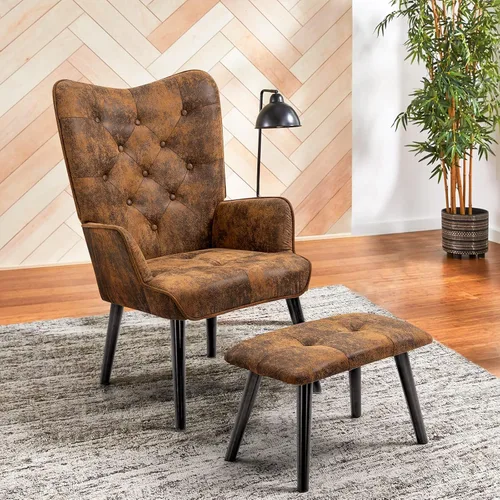 Miniatura 7 de ECOTOUGE Silla decorativa con otomana (tapas de pies antideslizantes), sofá individual de ocio con respaldo alto con botones y brazos tapizados