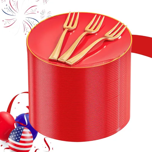 Miniatura 14 de Festiva 200 platos de postre dorados con purpurina de 6.3 pulgadas con tenedores de 5 pulgadas, platos pequeños de plástico para postre, pasteles