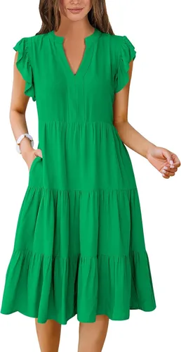 Miniatura 24 de ANRABESS Vestido de verano para mujer, manga con volantes, cuello en V, vestido midi a la moda, casual, holgado, escalonado, bohemio, playa