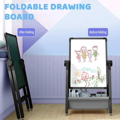 Miniatura 4 de Caballete de arte para niños, caballete de dibujo de doble cara para niños, pizarra blanca y pizarra negra, giratorio 360° ajustable (negro)