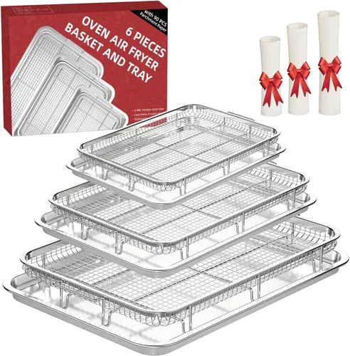 Miniatura 9 de Cesta de Freidora de Aire para Horno, Juego de 2 Bandejas de Freidora de Aire y Bandeja Crujiente con 60 Piezas de Papel Pergamino, Cesta y Bandeja