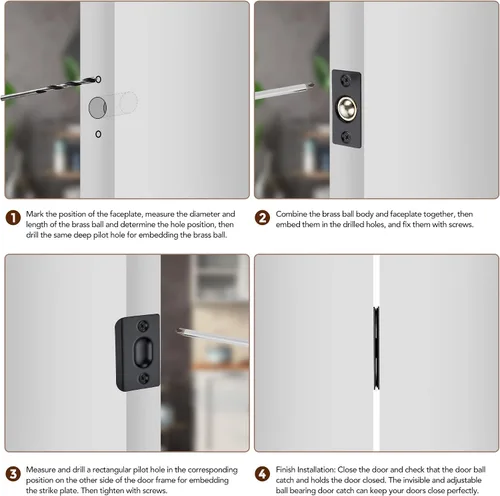 Miniatura 6 de Ravinte Pestillo de puerta de bola ajustable, pestillo de puerta con rodamiento de bolas de armario, cuerpo de latón macizo y placa de acero Negro