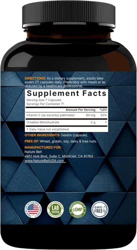 Miniatura 3 de NatureBell Cápsulas de monohidrato de creatina de 5,000 mg por porción, 500 unidades Píldoras de creatina micronizadas y sin sabor Soporte