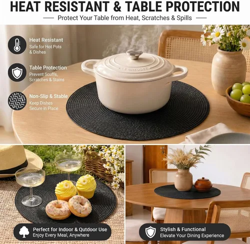 Miniatura 7 de FunWheat Juego de 4 manteles individuales redondos trenzados para mesas de comedor, tejidos, lavables, antideslizantes, 15 pulgadas (negro, 4 piezas)
