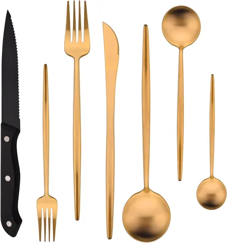 Miniatura 12 de Juego de cubiertos de 28 piezas con cuchillos para carne, cubiertos de acero inoxidable 18/8, juego de cubiertos modernos para 4 tenedores