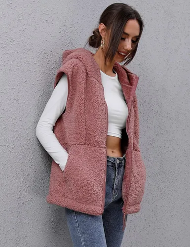 Miniatura 3 de TFSDOD Chaleco de forro polar sherpa para mujer, acogedor, sin mangas, con bolsillo, chaleco con capucha y cremallera para mujer