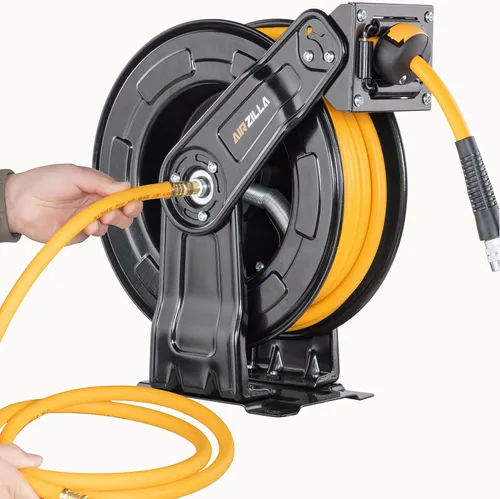 Miniatura 9 de AIRZILLA Carrete retráctil de manguera de aire de acero premium con brazo doble, manguera híbrida de polímero de 3/8"x65 pies, carrete de manguera