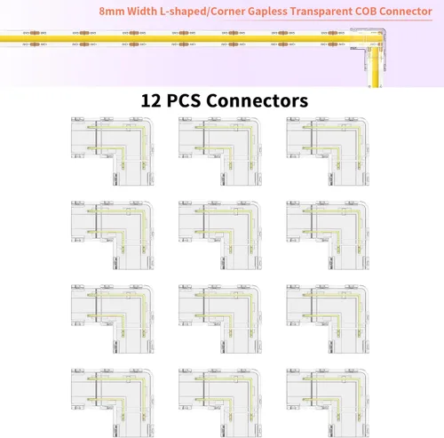 Miniatura 2 de MIWISE Kit de conectores de 8mm para tira de luces LED COB de 2 pines, 12 piezas de conectores sin espacio en forma de L/esquina, conectores