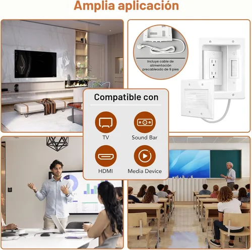 Miniatura 8 de Kit de organización de cables de pared con caja de salida de TV empotrada, enchufe de dos agujeros, cable de 9 pies, kit de pared para ocultar
